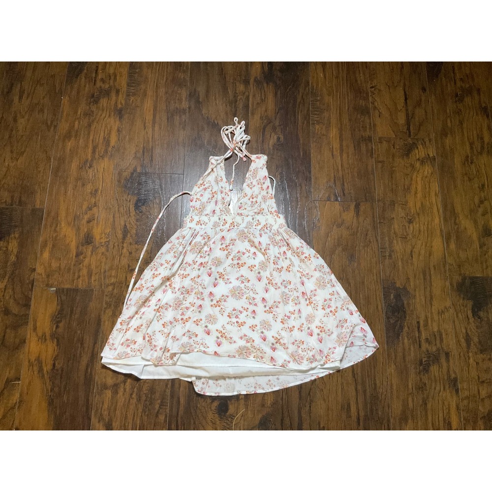 Floral Halter Mini Dress Open Back Tie Summer Boho Cream Pink Orange 1058